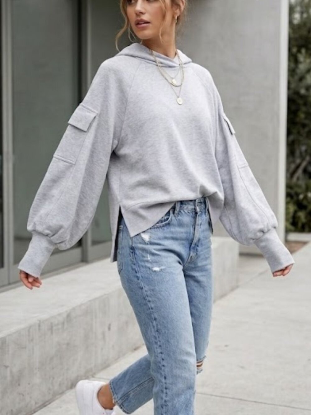Adeam Light Grey Oversized Puff Sleeve Hoodie Sweatshirt Womens S Street Wear